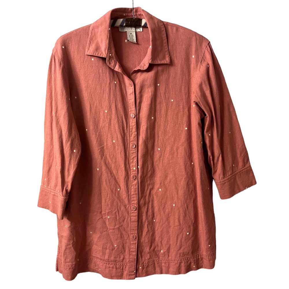 Norton McNaughton Women’s Linen Blend Dark Pink Embroidered Polka Dot Blouse Med